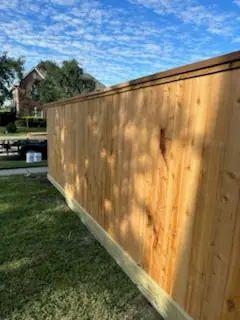 Board-on-board cedar privacy fence in dappled afternoon light, Pasadena TX